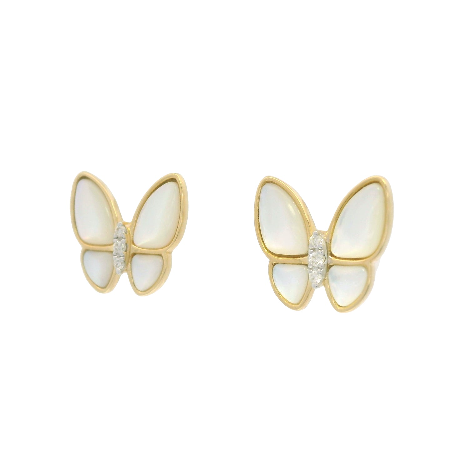 18k Yellow Gold White Mother of Pearl & Diamond Butterfly Stud Earrings