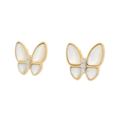 18k Yellow Gold White Mother of Pearl & Diamond Butterfly Stud Earrings