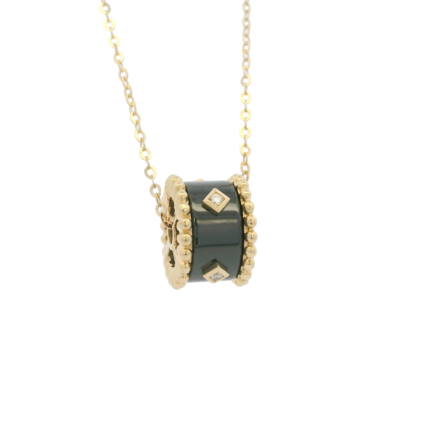 18k Yellow Gold Black Ceramic & Diamond Wheel Pendant Necklace