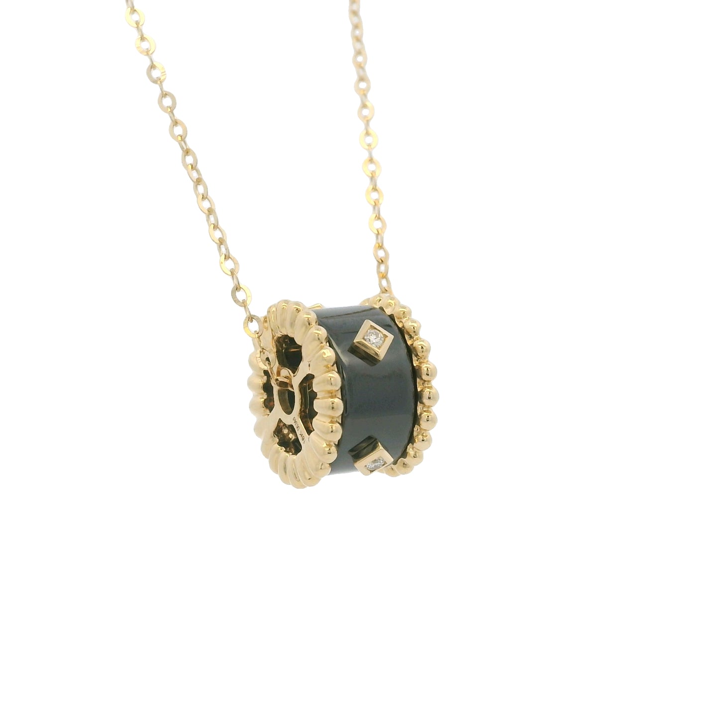 18k Yellow Gold Black Ceramic & Diamond Wheel Pendant Necklace