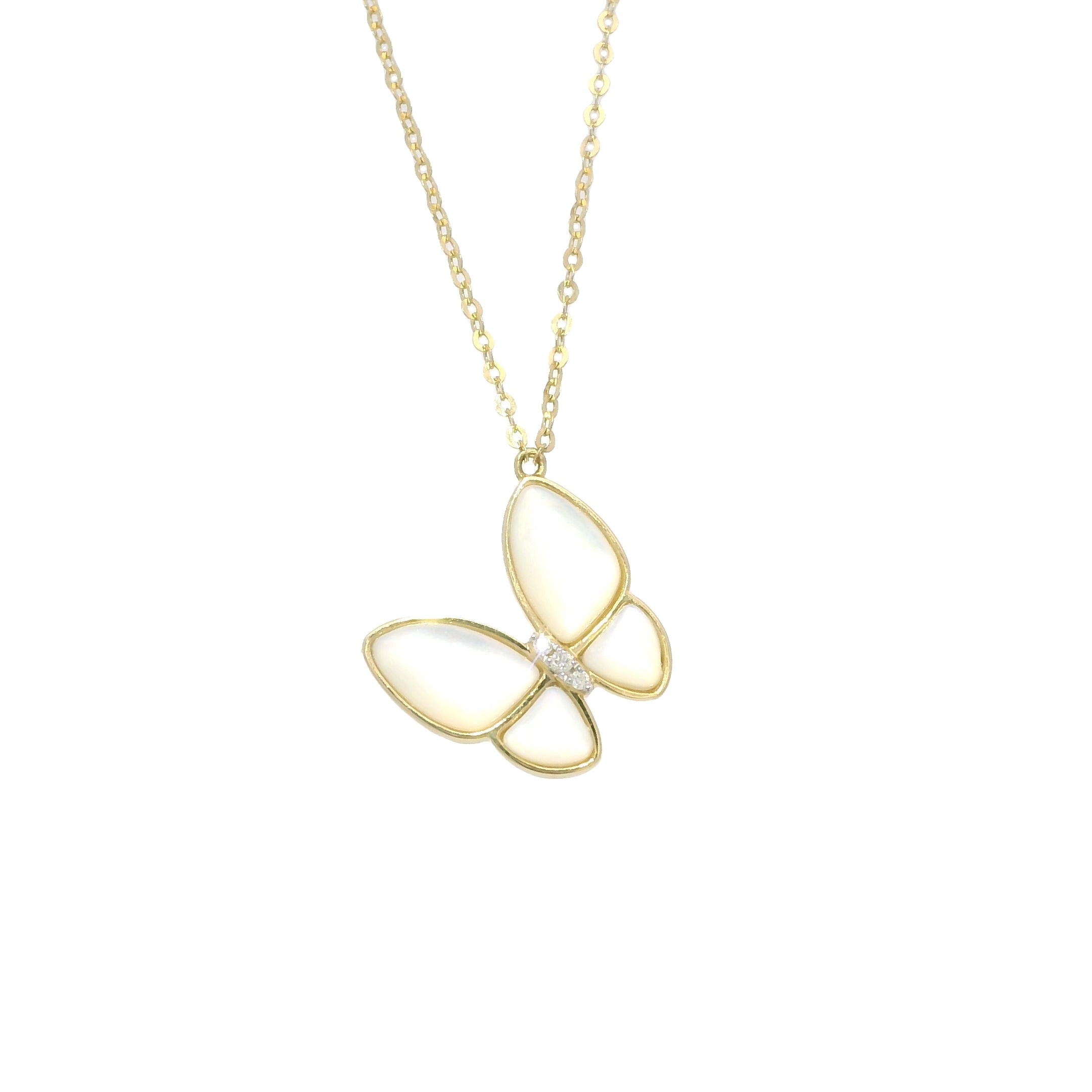 18k Yellow Gold Mother of Pearl & Diamond Butterfly Necklace