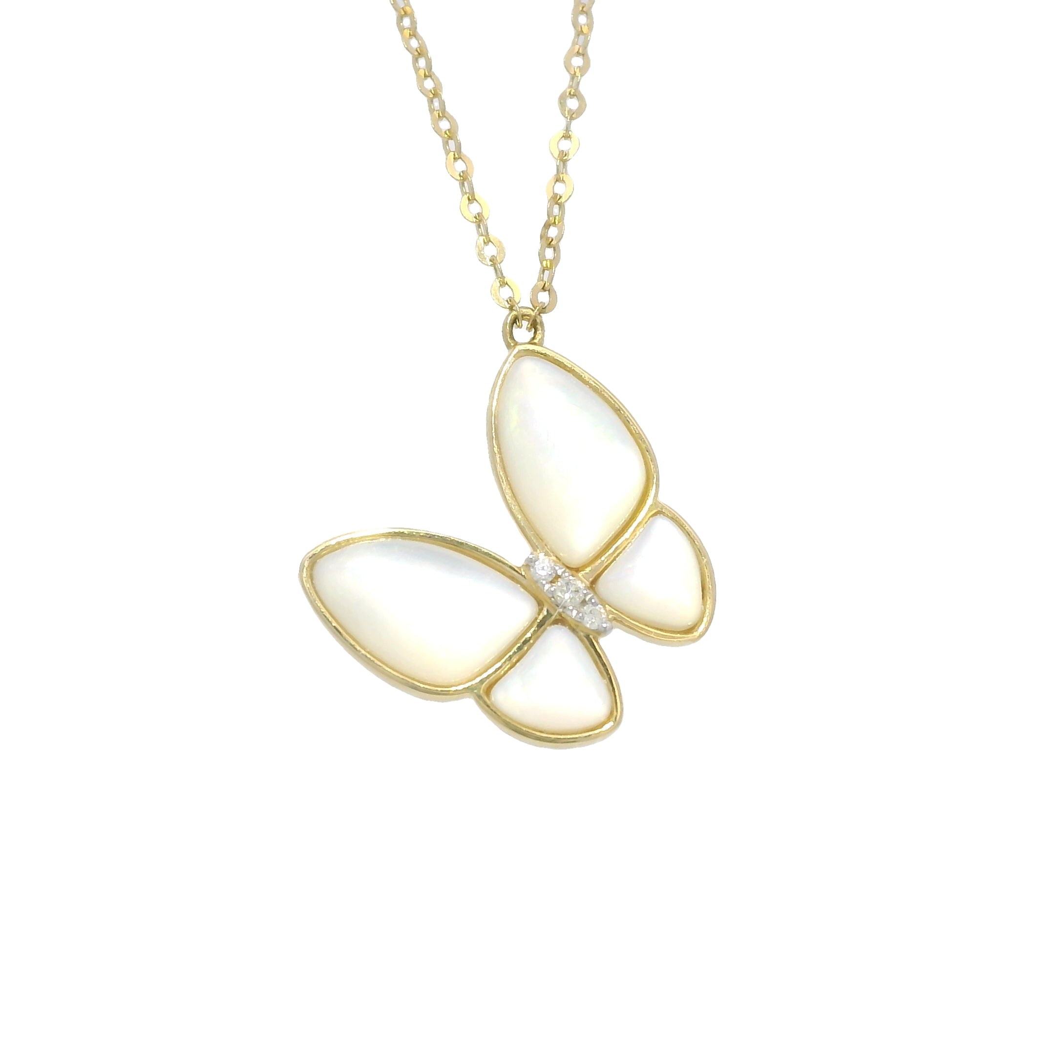 18k Yellow Gold Mother of Pearl & Diamond Butterfly Necklace