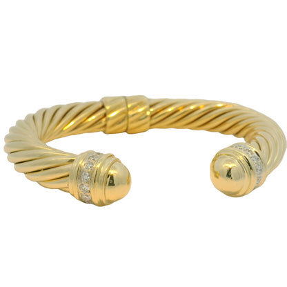David Yurman 18k Yellow Gold Diamond Large Ribbed Cable Cuff Bracelet