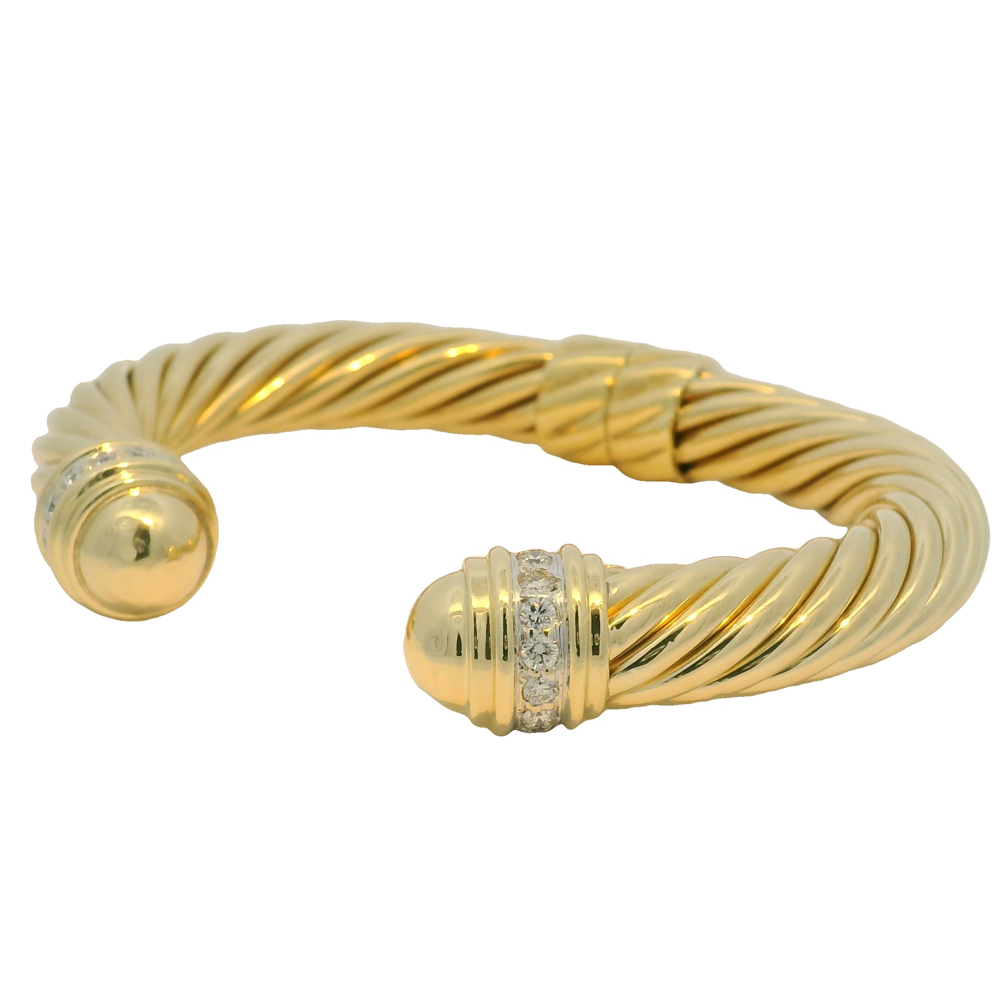 David Yurman 18k Yellow Gold Diamond Large Ribbed Cable Cuff Bracelet