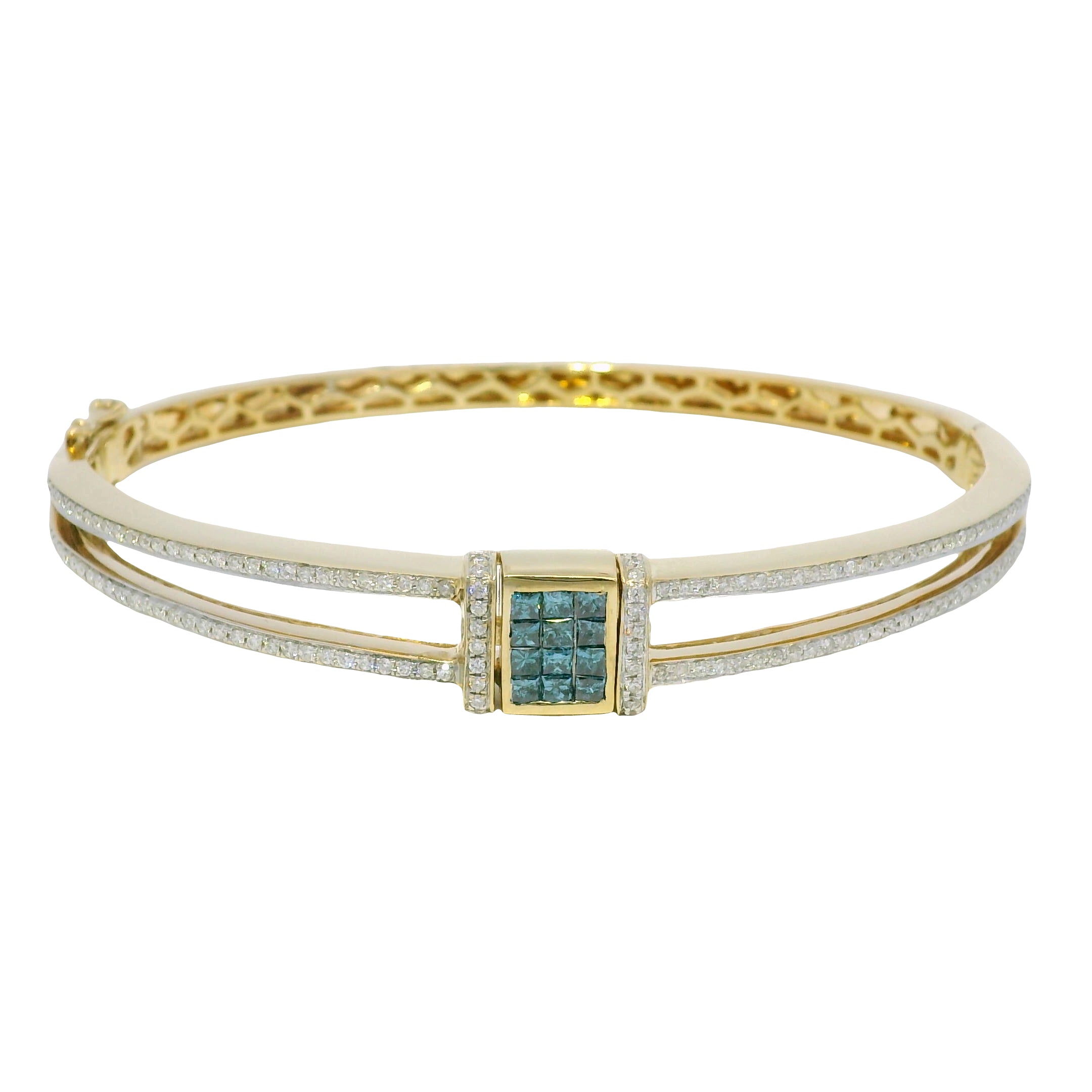 14k Yellow Gold 1.43 Carat White & Blue Irradiated Diamond Bangle Bracelet