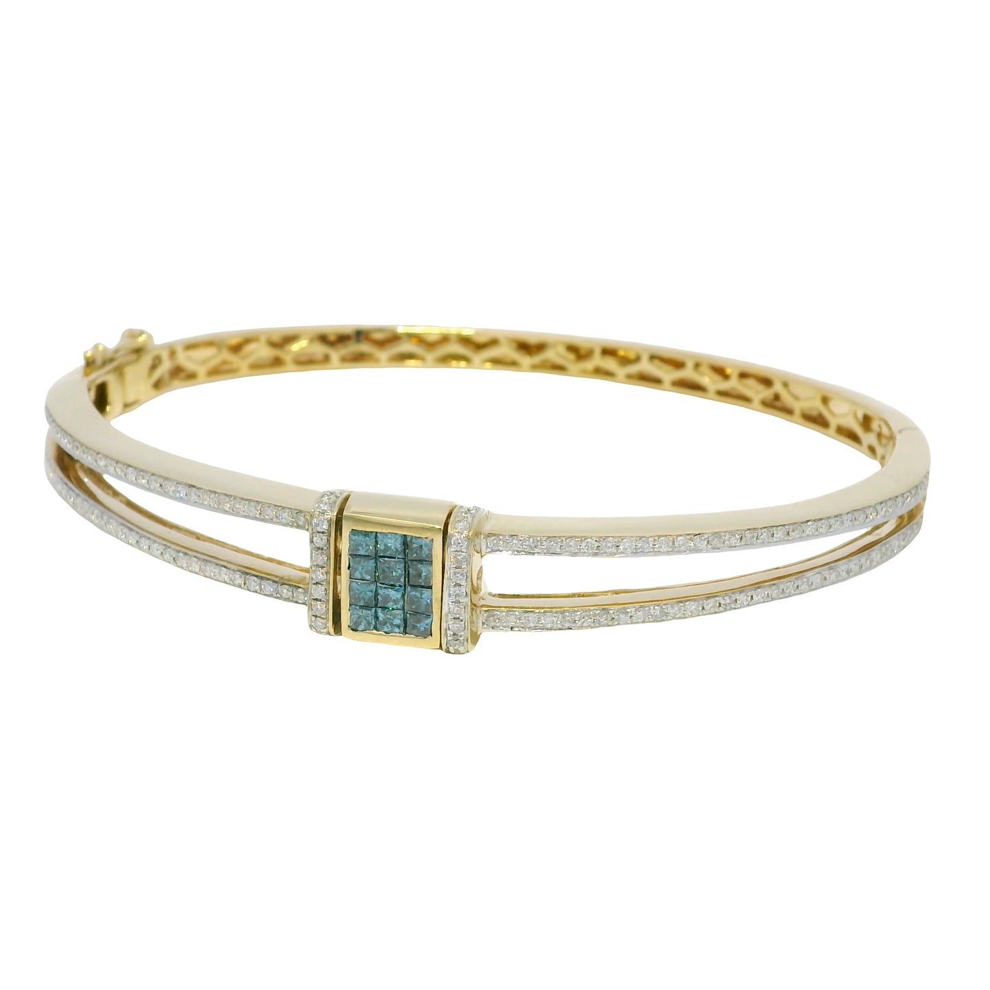 14k Yellow Gold 1.43 Carat White & Blue Irradiated Diamond Bangle Bracelet