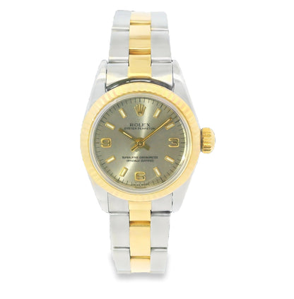 Rolex 67193 Oyster Perpetual Two-Tone Silver Dial Fluted Bezel 26mm Watch