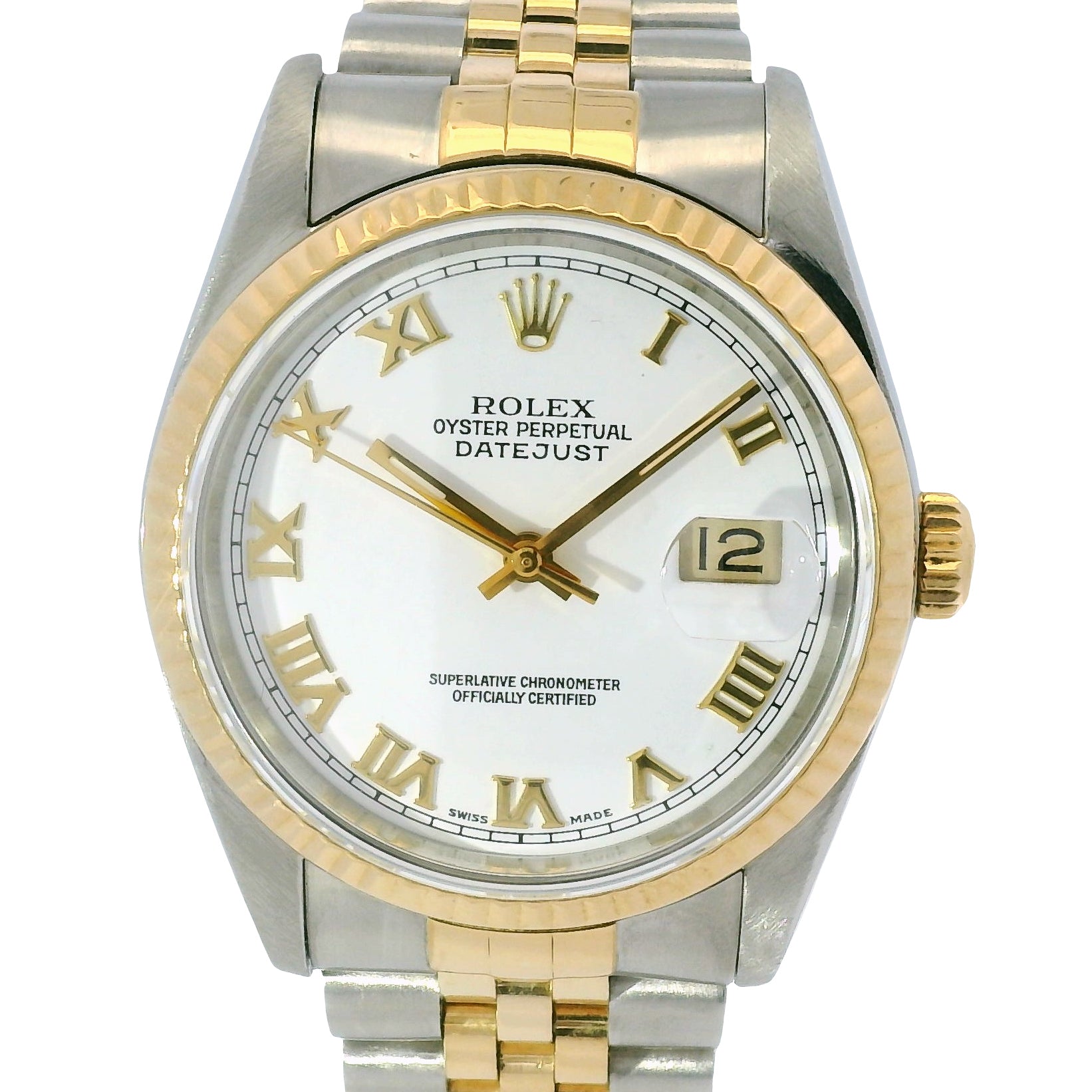 Rolex 16233 Datejust Two-Tone White Roman Dial Fluted Bezel 36mm Watch