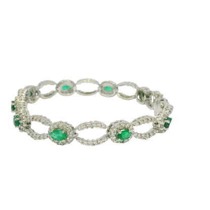 14k White Gold Natural Emerald & Diamond Open Link Bracelet