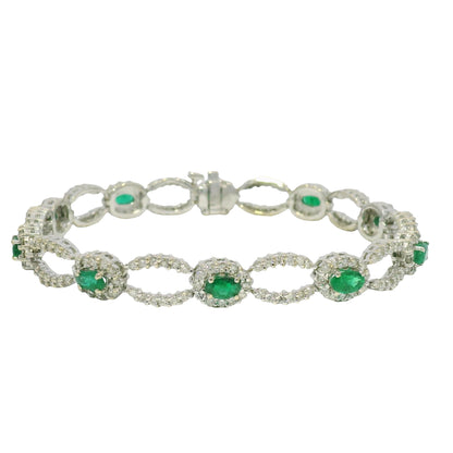 14k White Gold Natural Emerald & Diamond Open Link Bracelet