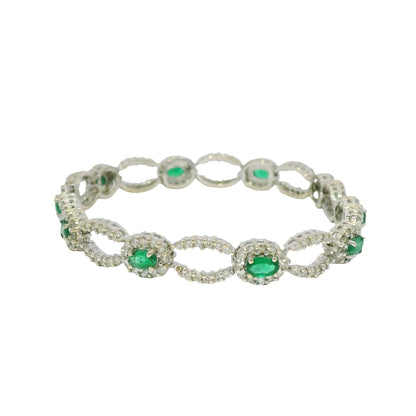 14k White Gold Natural Emerald & Diamond Open Link Bracelet