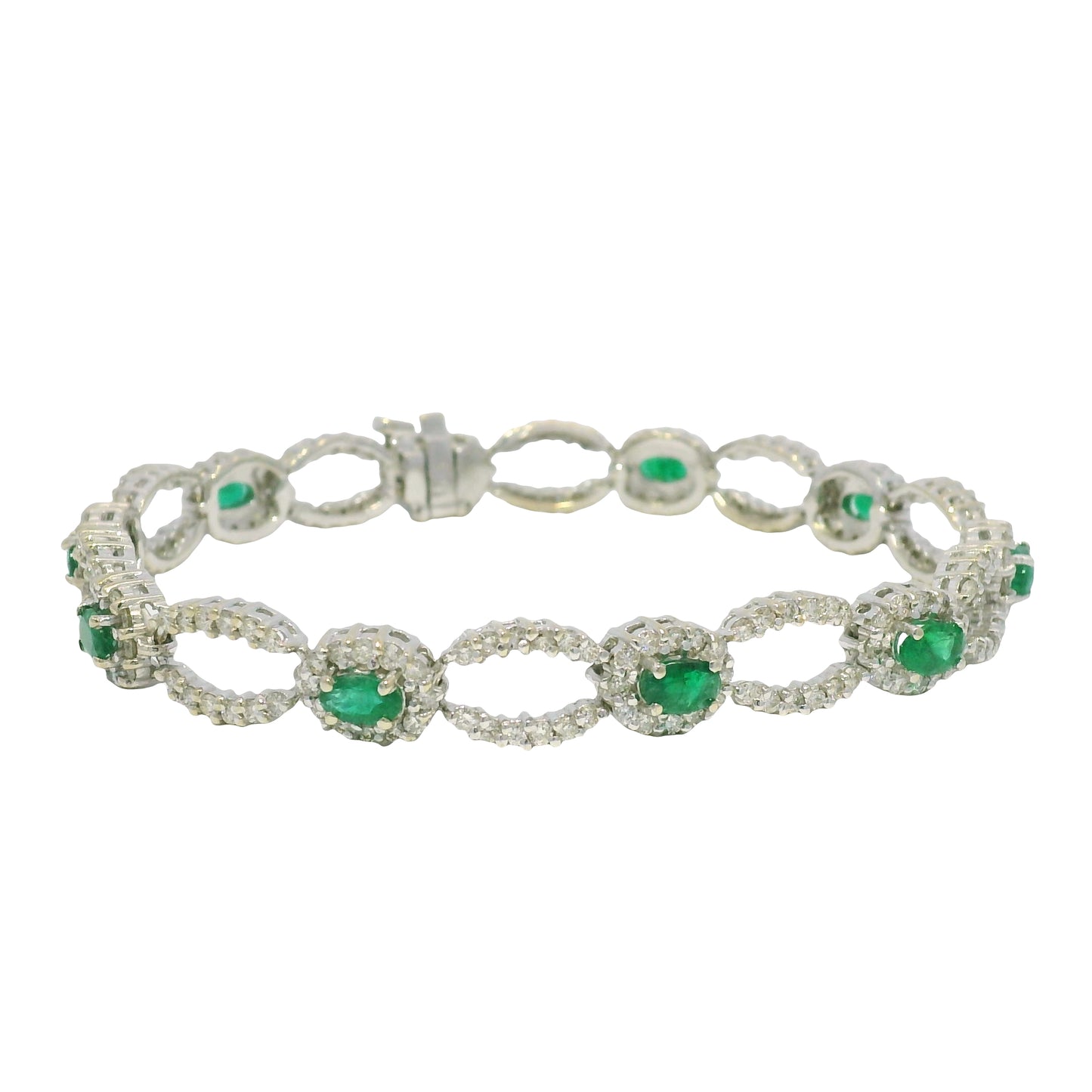 14k White Gold Natural Emerald & Diamond Open Link Bracelet