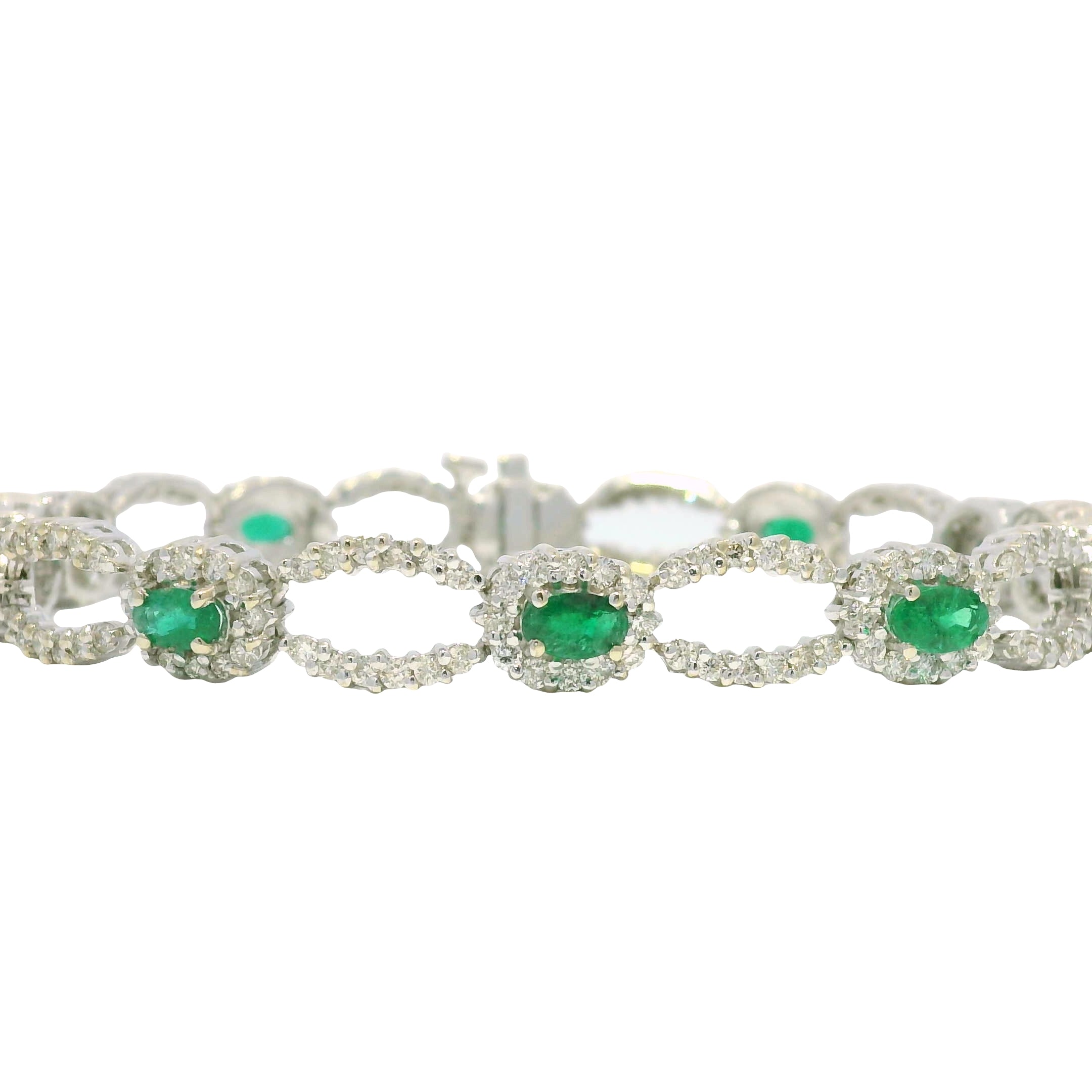14k White Gold Natural Emerald & Diamond Open Link Bracelet
