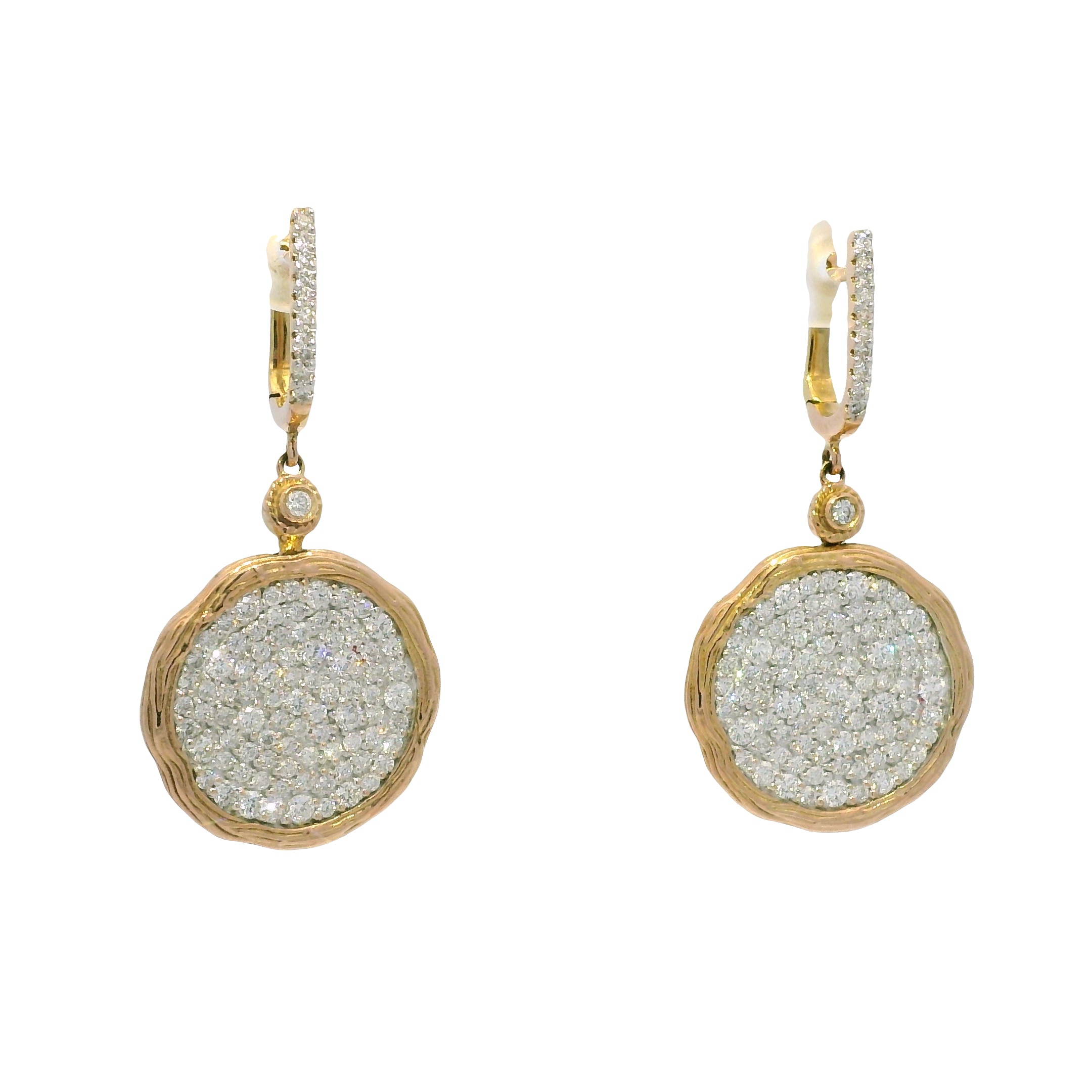 14k Rose Gold Natural 2.25 Carat Diamond Pave Textured Disc Earrings