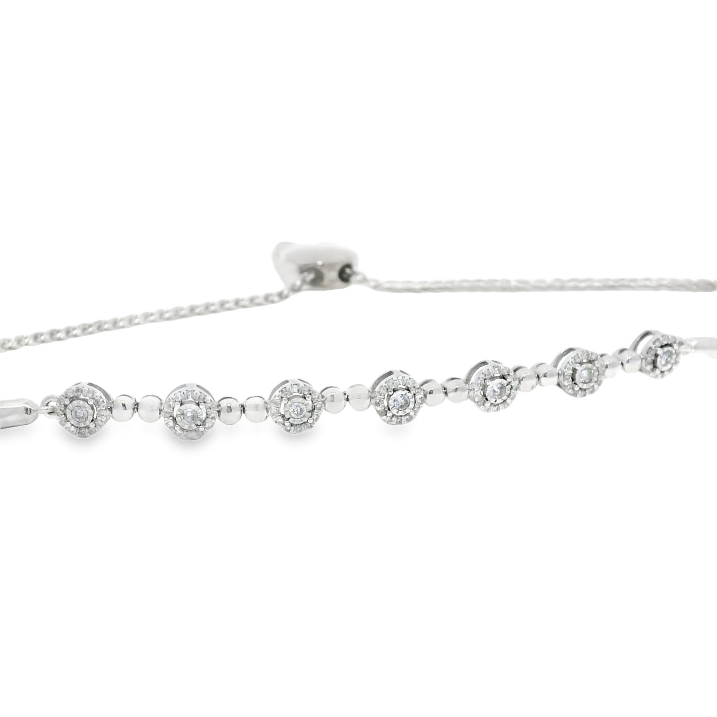 10k White Gold Natural Round Brilliant Diamond Adjustable Station Bracelet