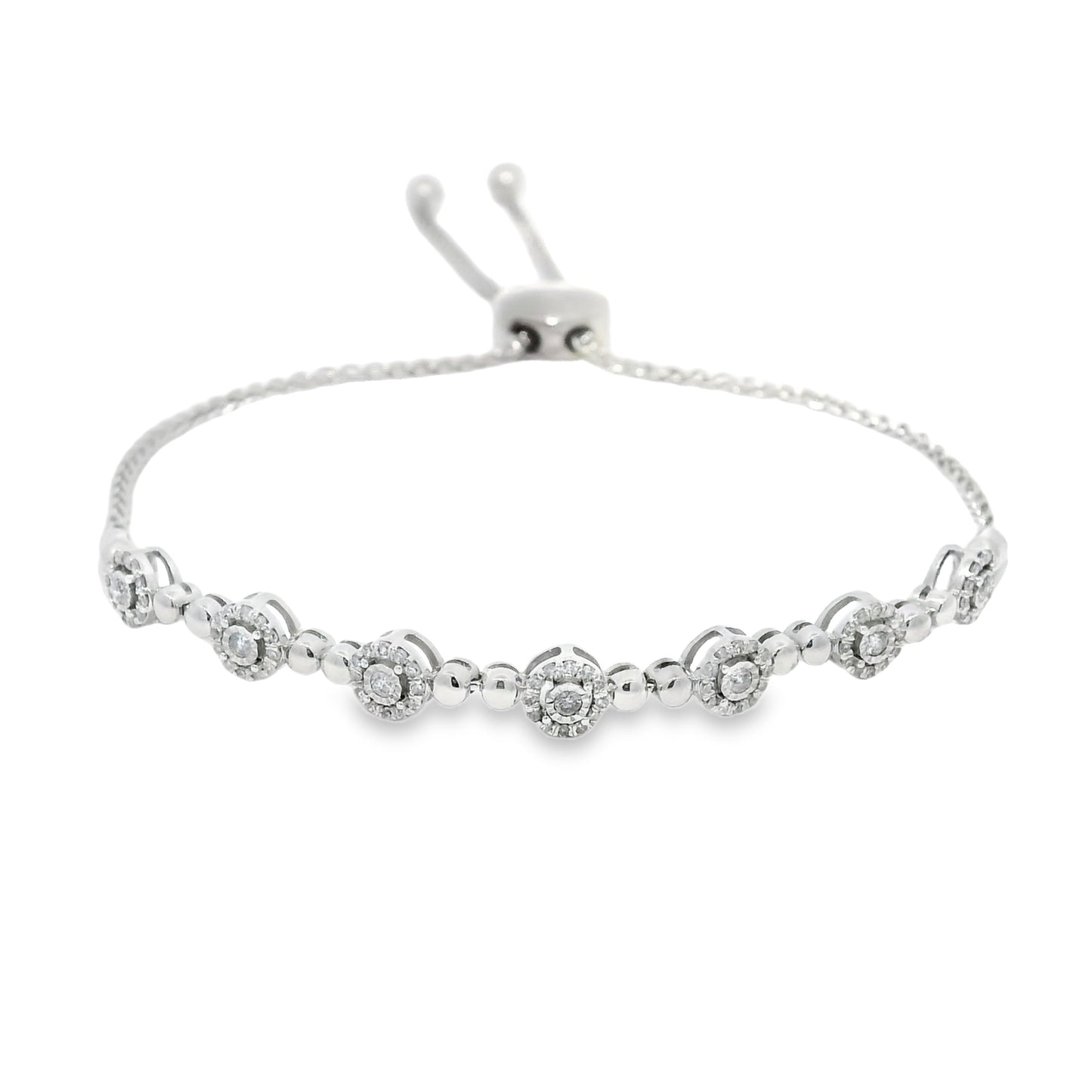 10k White Gold Natural Round Brilliant Diamond Adjustable Station Bracelet