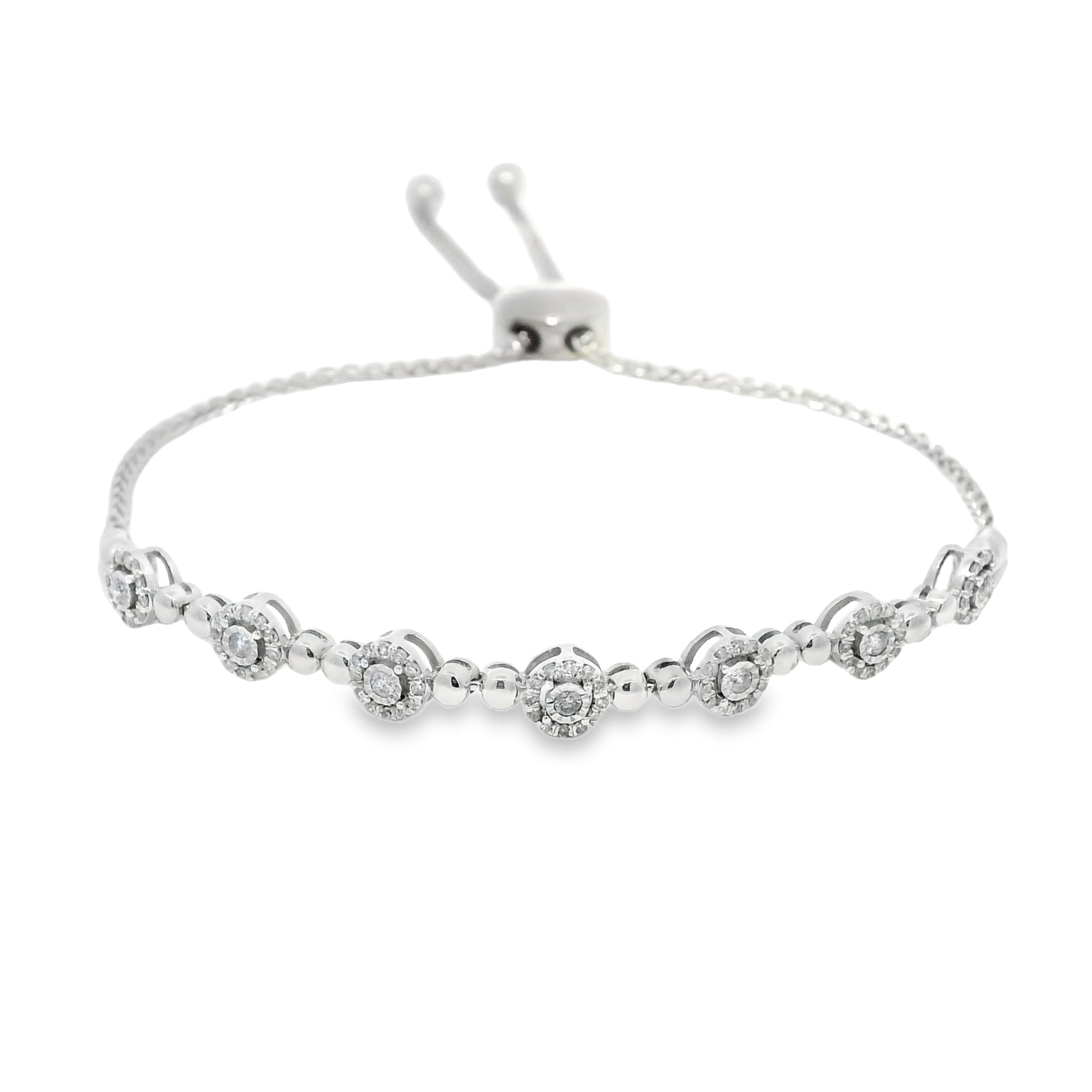 10k White Gold Natural Round Brilliant Diamond Adjustable Station Bracelet