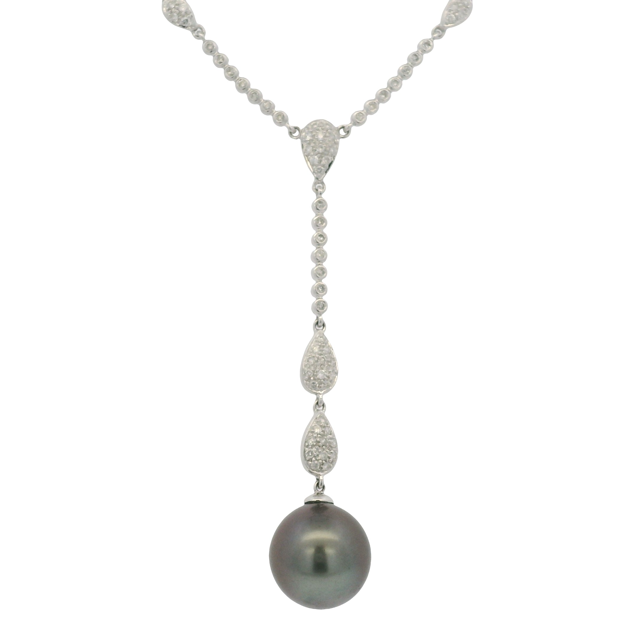 14k White Gold Black Pearl & Diamond Pave Drop Necklace