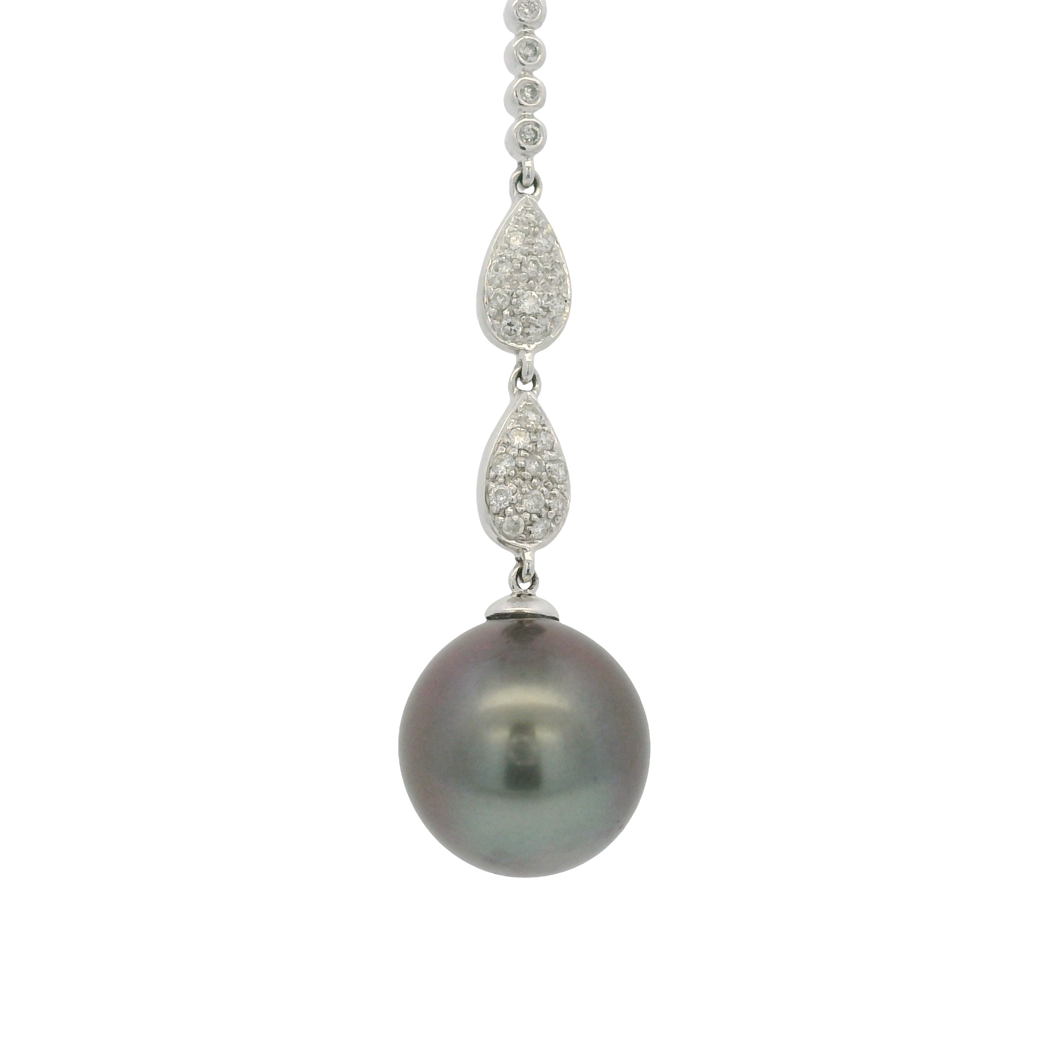 14k White Gold Black Pearl & Diamond Pave Drop Necklace