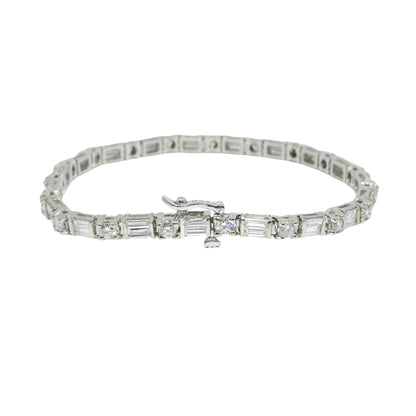 14k White Gold Natural Round Brilliant & Baguette Cut Diamond Tennis Bracelet
