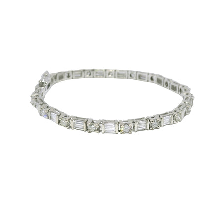 14k White Gold Natural Round Brilliant & Baguette Cut Diamond Tennis Bracelet