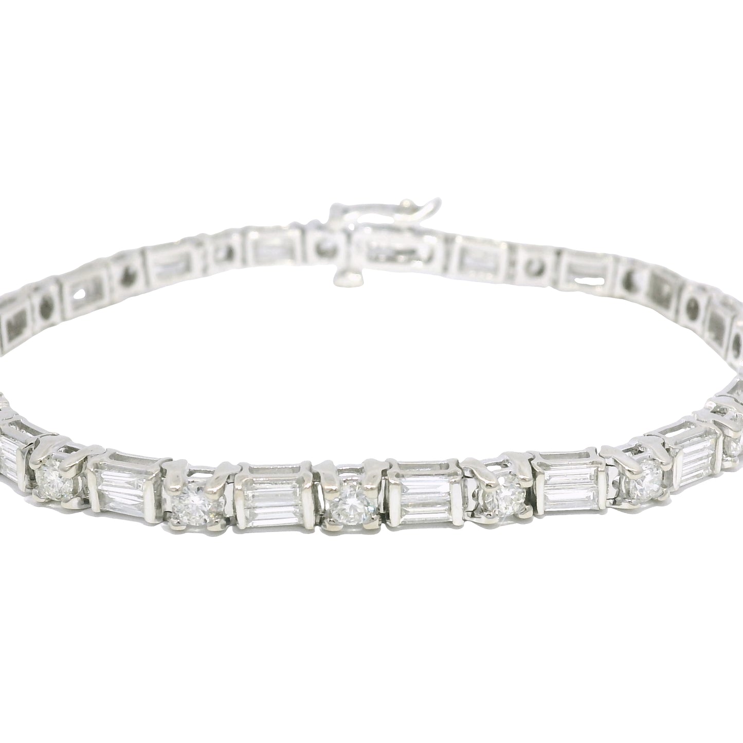 14k White Gold Natural Round Brilliant & Baguette Cut Diamond Tennis Bracelet
