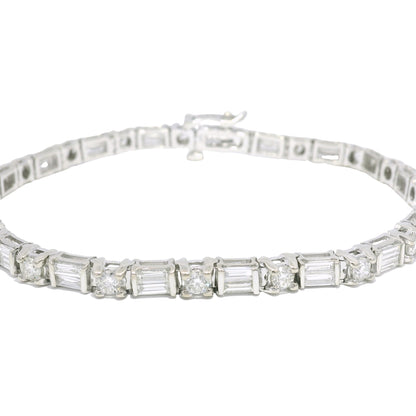 14k White Gold Natural Round Brilliant & Baguette Cut Diamond Tennis Bracelet