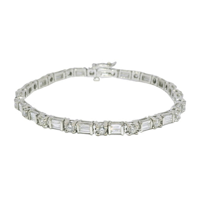 14k White Gold Natural Round Brilliant & Baguette Cut Diamond Tennis Bracelet