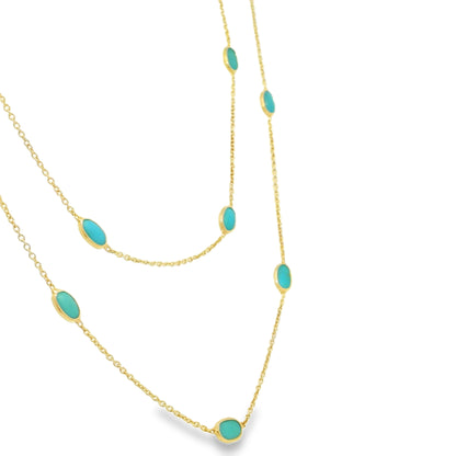 14k Yellow Gold 38" Long Turquoise Bezel Set Station Necklace