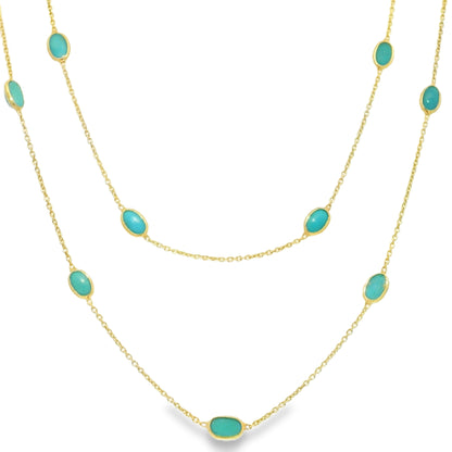 14k Yellow Gold 38" Long Turquoise Bezel Set Station Necklace