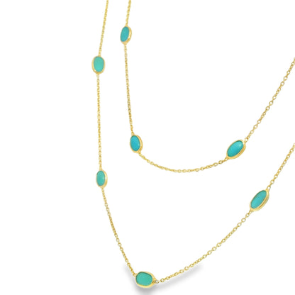 14k Yellow Gold 38" Long Turquoise Bezel Set Station Necklace