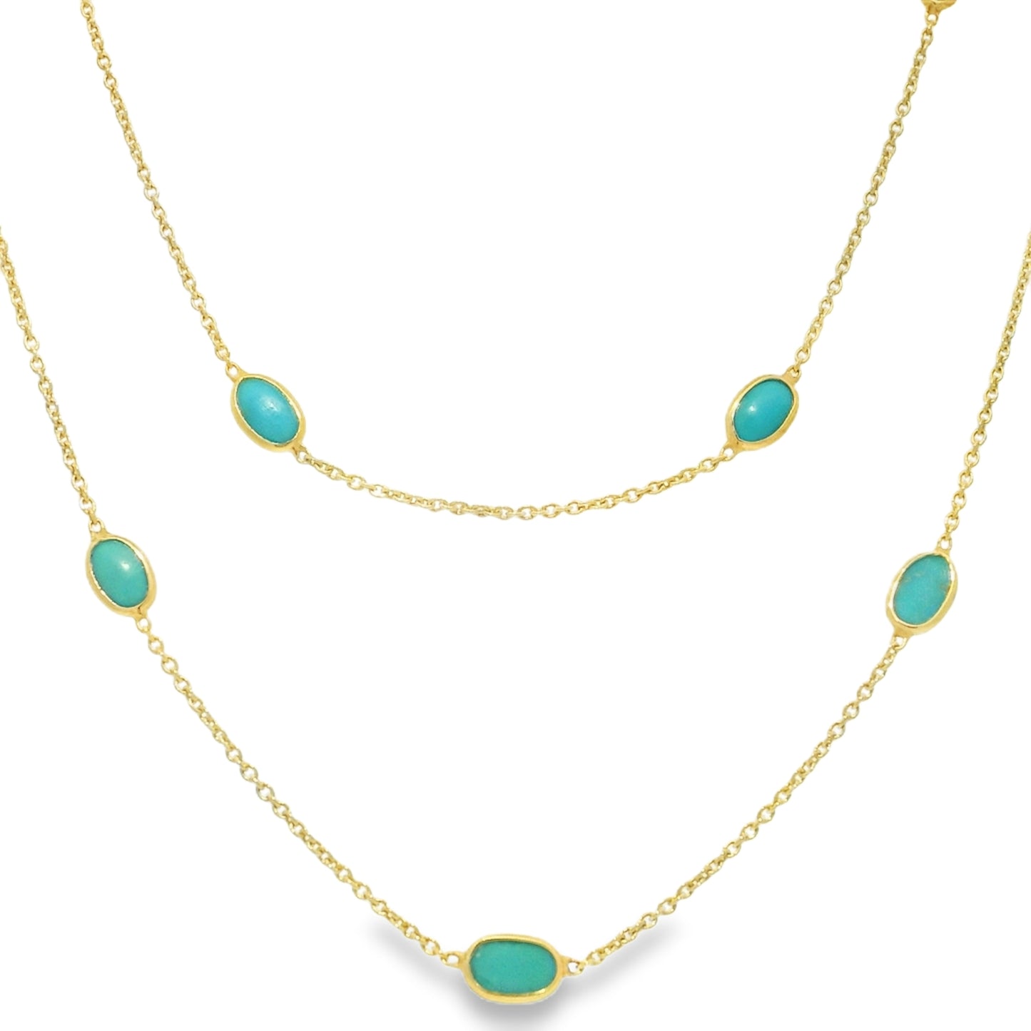 14k Yellow Gold 38" Long Turquoise Bezel Set Station Necklace