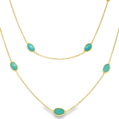 14k Yellow Gold 38" Long Turquoise Bezel Set Station Necklace