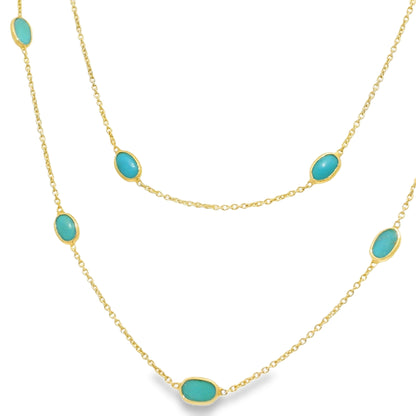 14k Yellow Gold 38" Long Turquoise Bezel Set Station Necklace