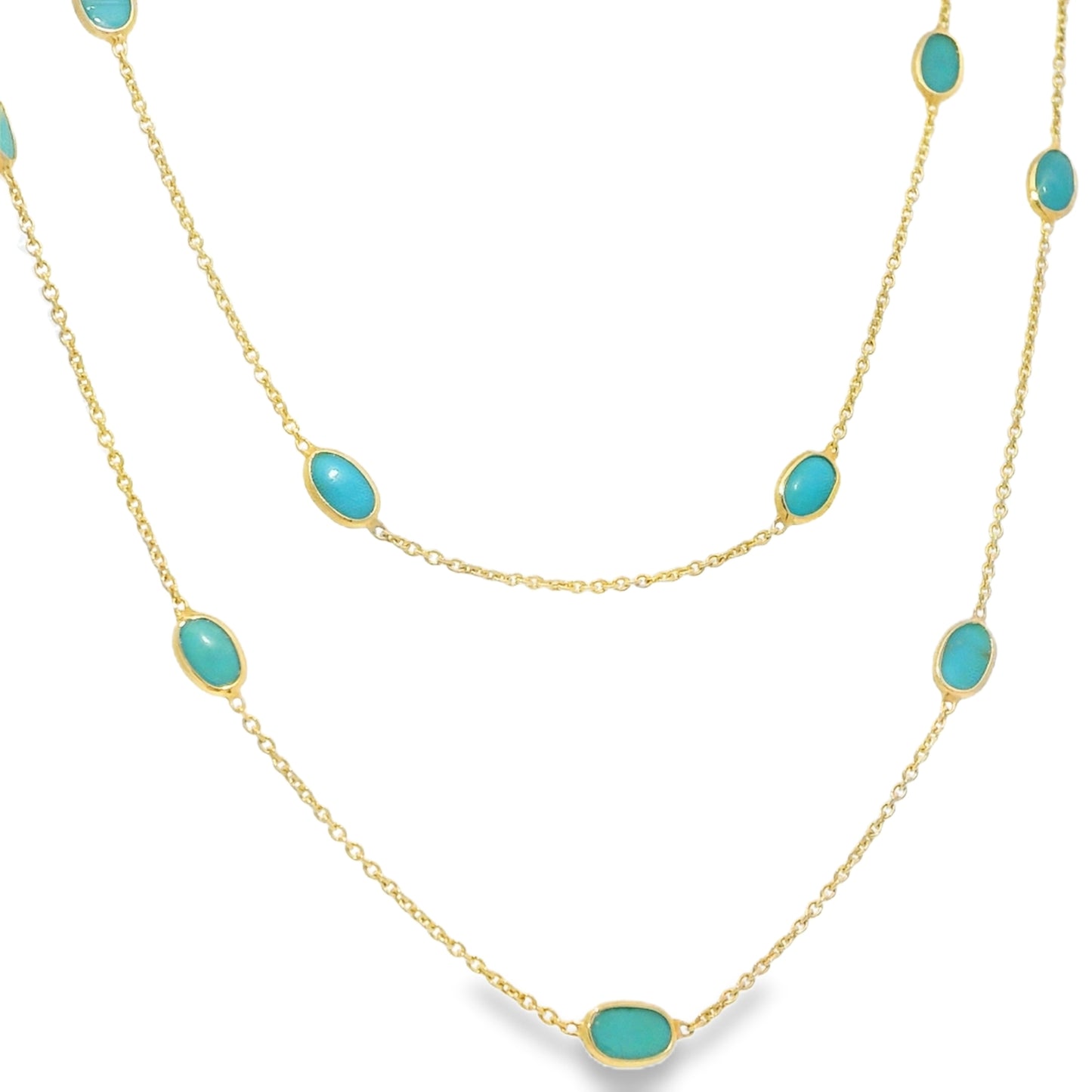 14k Yellow Gold 38" Long Turquoise Bezel Set Station Necklace