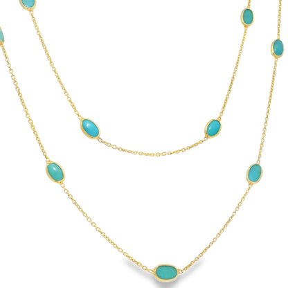14k Yellow Gold 38" Long Turquoise Bezel Set Station Necklace