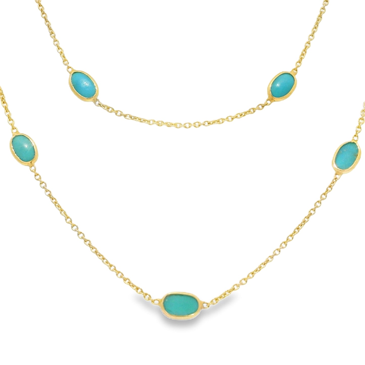 14k Yellow Gold 38" Long Turquoise Bezel Set Station Necklace