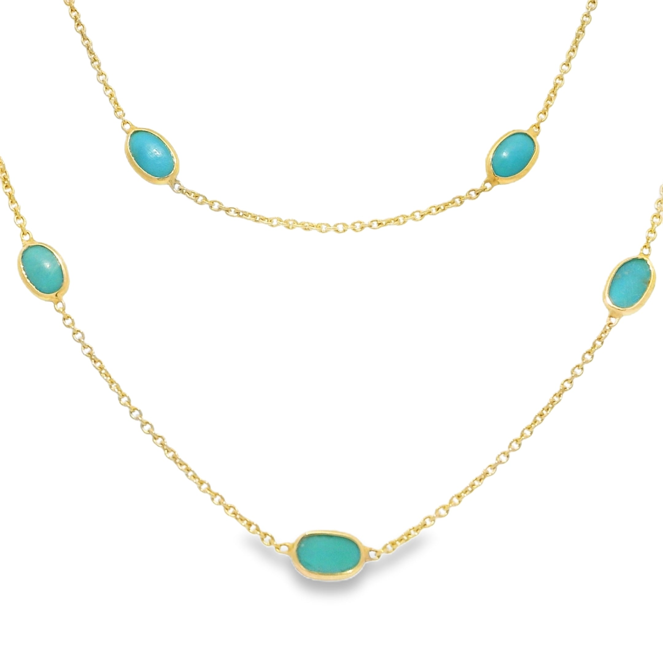 14k Yellow Gold 38" Long Turquoise Bezel Set Station Necklace