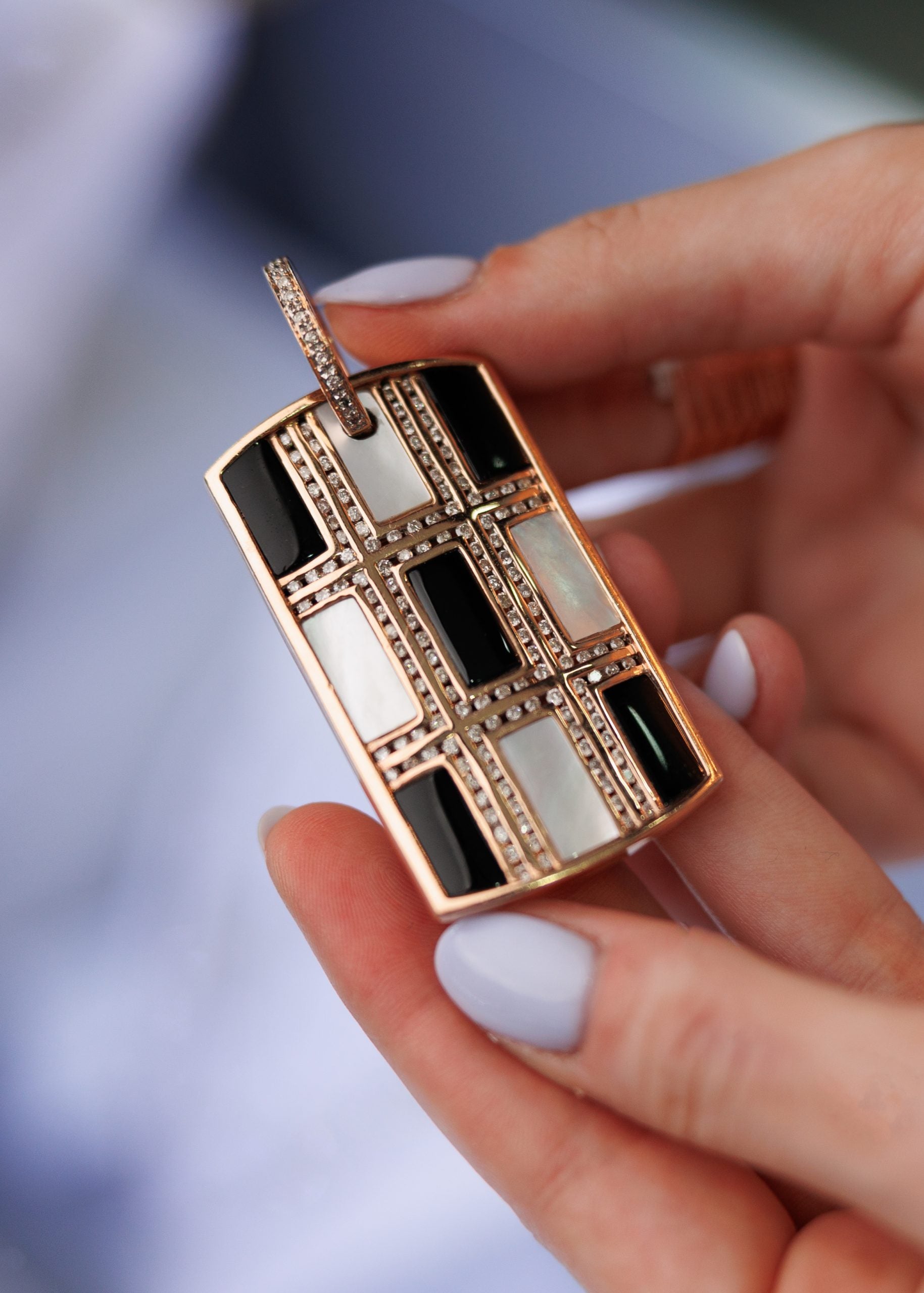 14k Rose Gold Natural Diamond, Onyx, and Mother Of Pearl Dog Tag