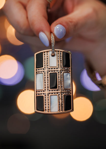 14k Rose Gold Natural Diamond, Onyx, and Mother Of Pearl Dog Tag