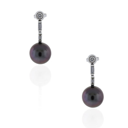Platinum 1ctw Diamond Tahitian Pearl Dangle Earrings