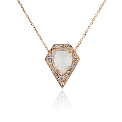 14k Rose Gold 2.41ct Rose Cut Pear Shape Diamond and 0.25ctw Diamond Shield Pendant on Chain