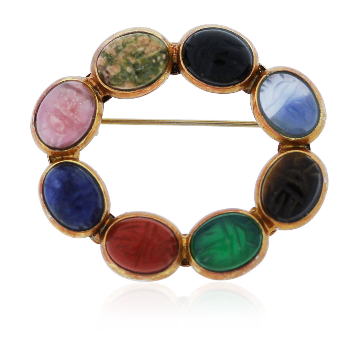Gold Plated Multi Colored Semi-Precious Carved Gemstone Pin
