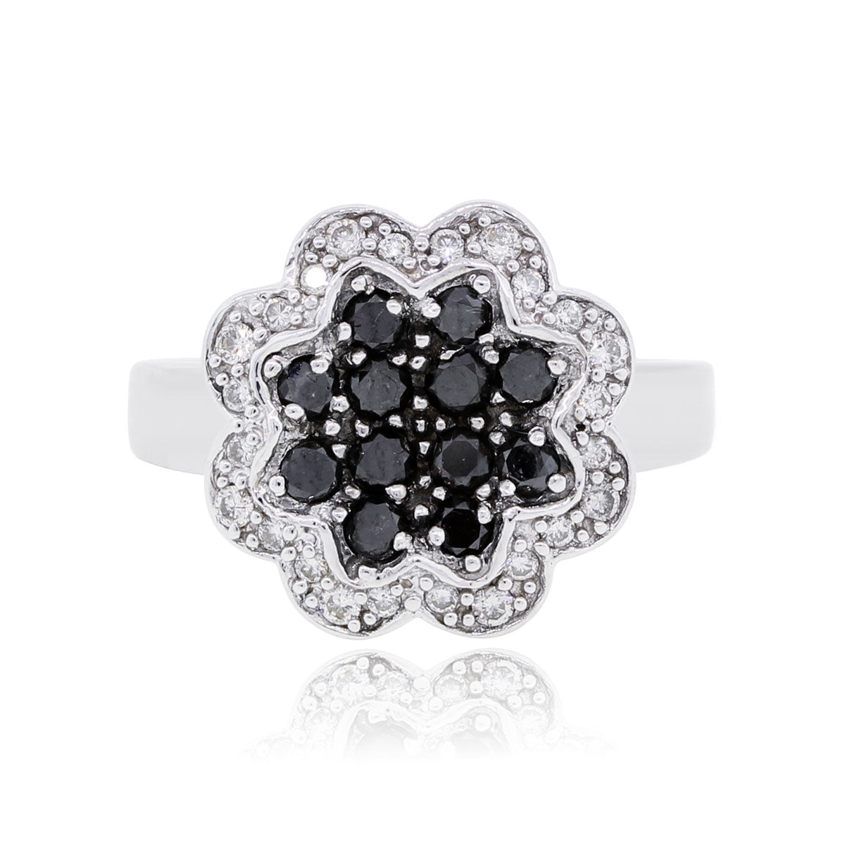 14k White Gold 0.50ctw White and Black Diamond Flower Ring