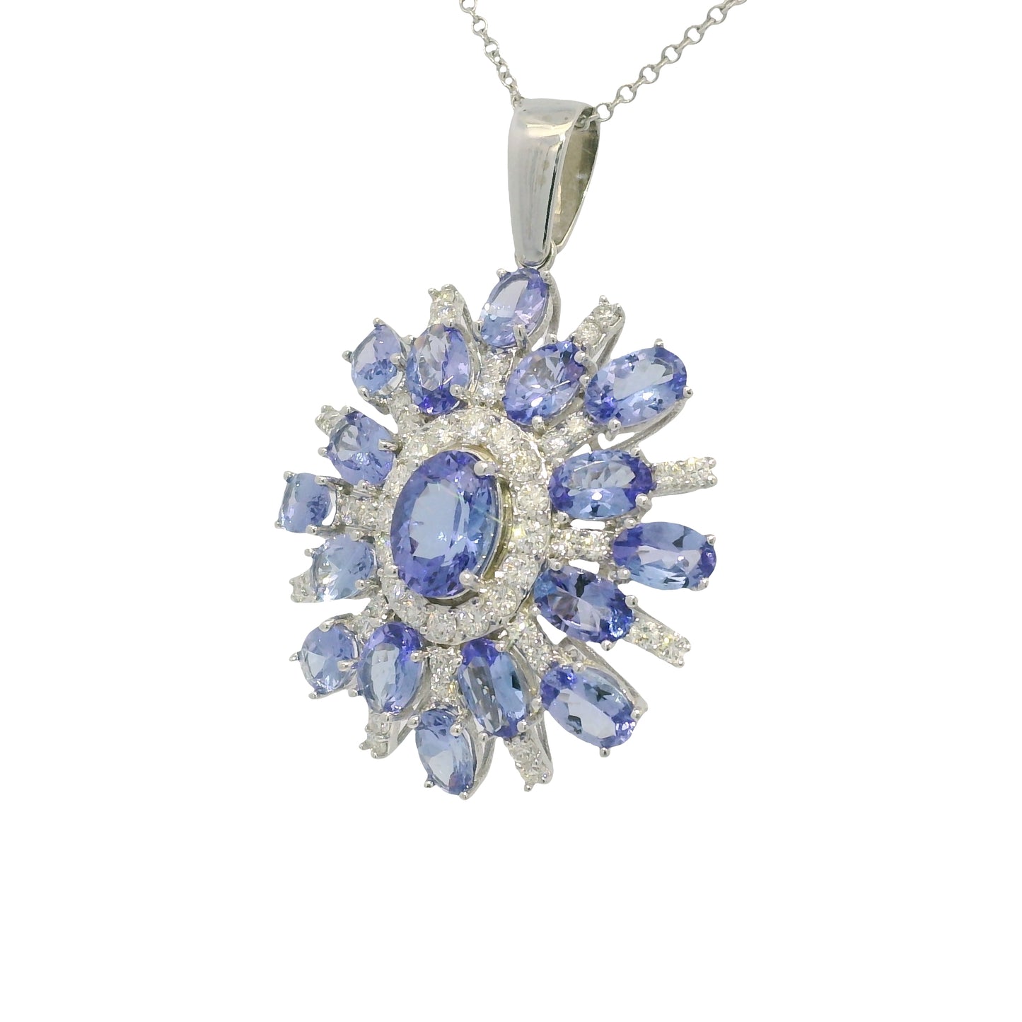 14k White Gold Iolite Gemstone & Diamond Halo Pendant Necklace
