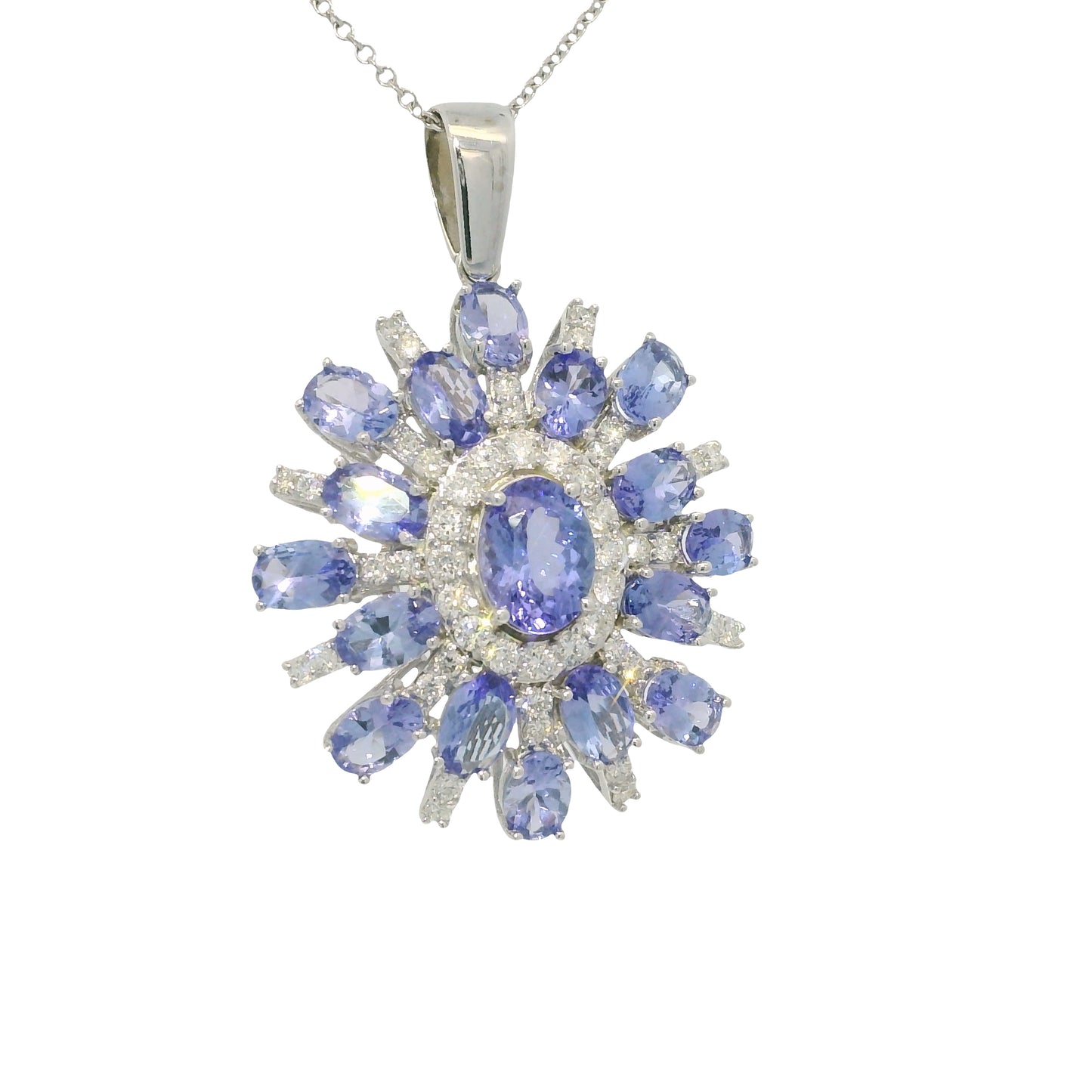 14k White Gold Iolite Gemstone & Diamond Halo Pendant Necklace