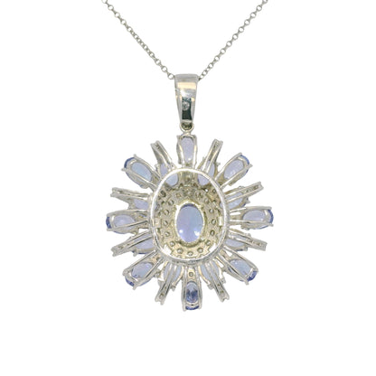 14k White Gold Iolite Gemstone & Diamond Halo Pendant Necklace