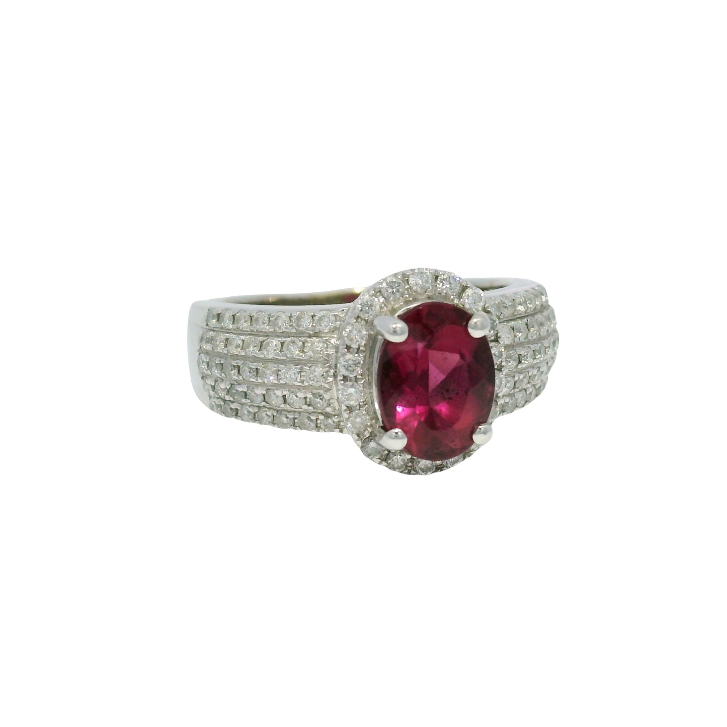 14k White Gold Pink Oval Gemstone & 5-Row Diamond Halo Ring