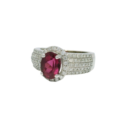 14k White Gold Pink Oval Gemstone & 5-Row Diamond Halo Ring