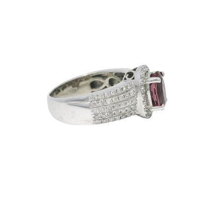 14k White Gold Pink Oval Gemstone & 5-Row Diamond Halo Ring